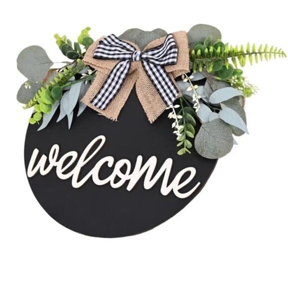 Welcome Wood sign Eucalyptus Farmhouse Wreath Rustic Buffalo Bow Front Porch. - Picture 8 of 9